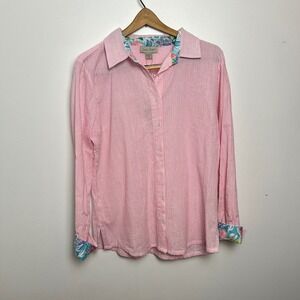 NWT Charlie Paige Pink White Stripe Button Down Shirt Tropical Trim Blouse Top L